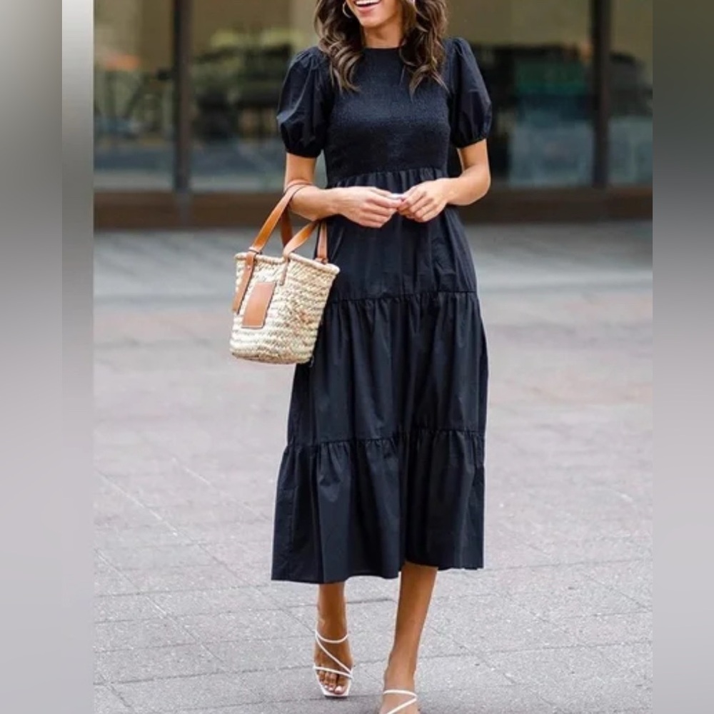 NWT Petal & Pup Minot Shirred Smocked Ankle Puff Sleeve Tiered Lined Midi Dress